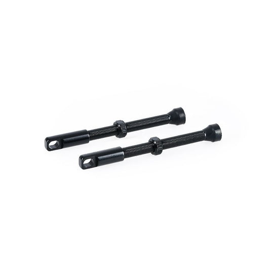 TUBELESS VALVES - Tubeless Alloy Valves 60mm Black, 2 per card, removable valve cores, fits up to 9mm valve drilling - Oxford Product - VP160BK